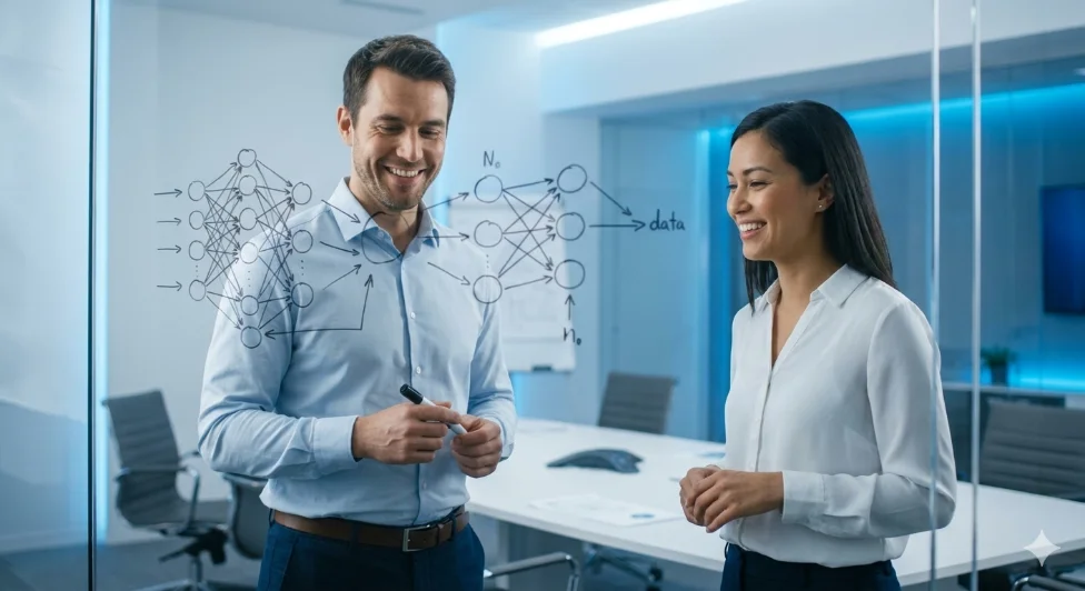 Two people smiling at a whiteboard, marker in hand